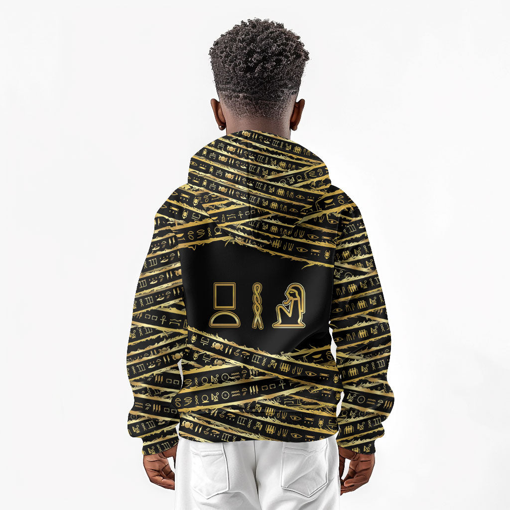 Egyptian God Ptah Kid Hoodie Gold Mummy Wrap Hieroglyphics Patterns