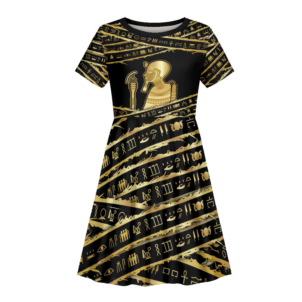 Egyptian God Ptah Kid Short Sleeve Dress Gold Mummy Wrap Hieroglyphics Patterns