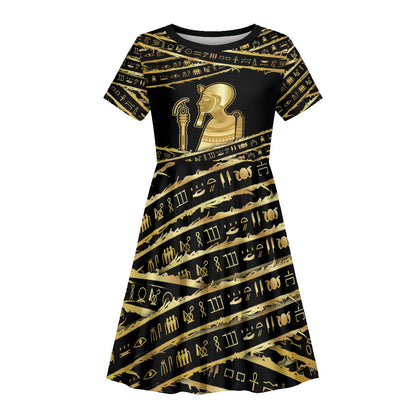 Egyptian God Ptah Kid Short Sleeve Dress Gold Mummy Wrap Hieroglyphics Patterns