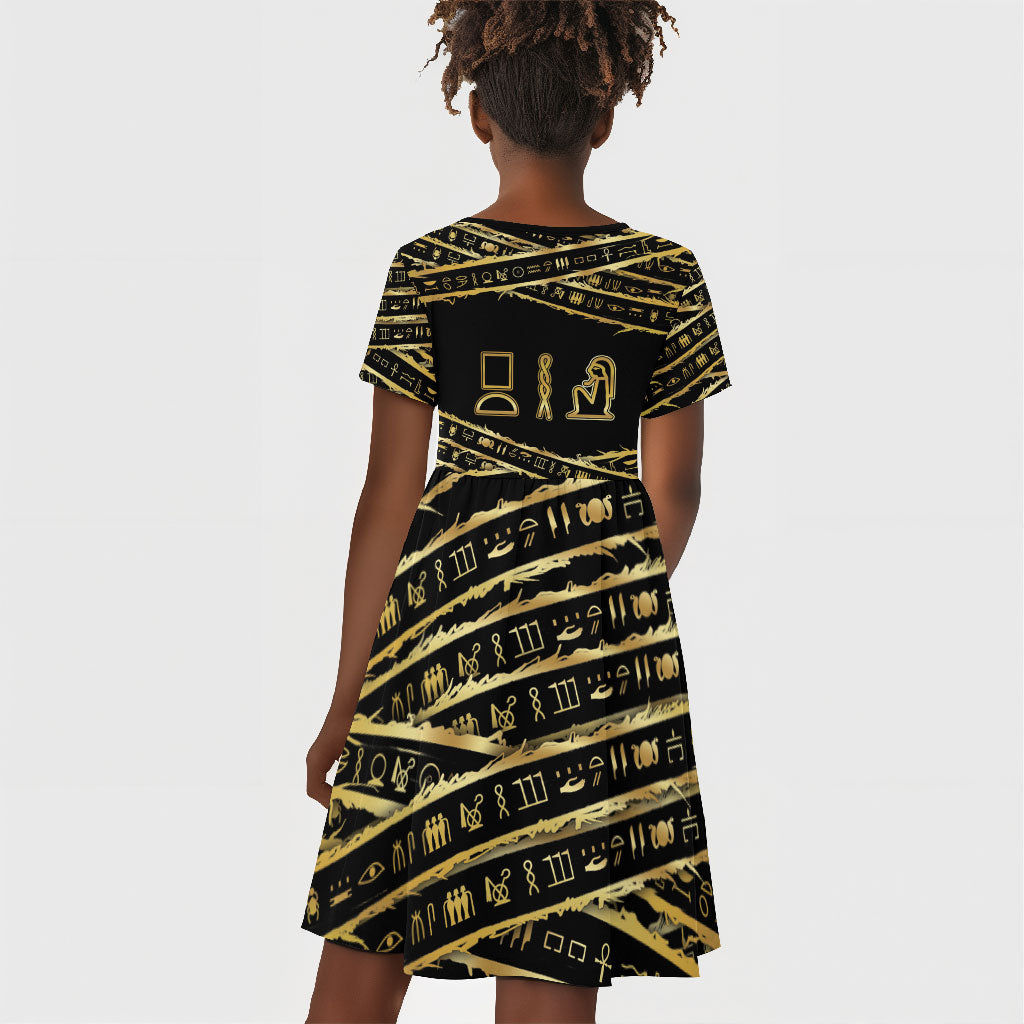 Egyptian God Ptah Kid Short Sleeve Dress Gold Mummy Wrap Hieroglyphics Patterns