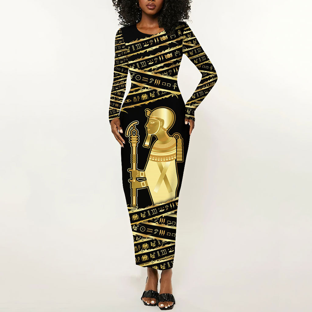 Egyptian God Ptah Long Sleeve Bodycon Dress Gold Mummy Wrap Hieroglyphics Patterns