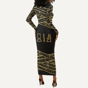Egyptian God Ptah Long Sleeve Bodycon Dress Gold Mummy Wrap Hieroglyphics Patterns