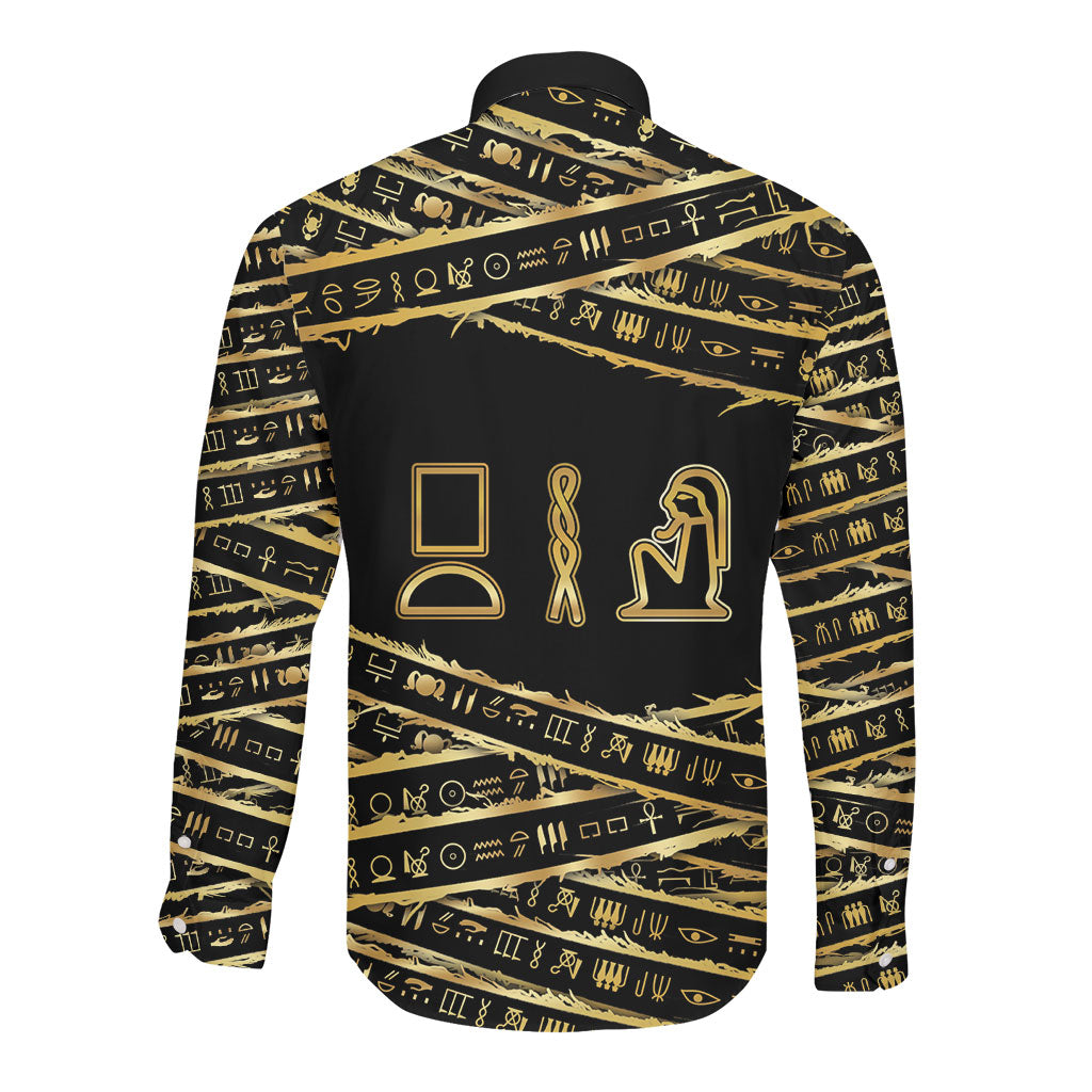 Egyptian God Ptah Long Sleeve Button Shirt Gold Mummy Wrap Hieroglyphics Patterns