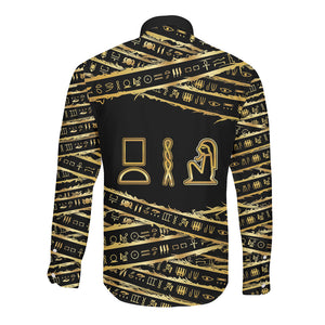 Egyptian God Ptah Long Sleeve Button Shirt Gold Mummy Wrap Hieroglyphics Patterns