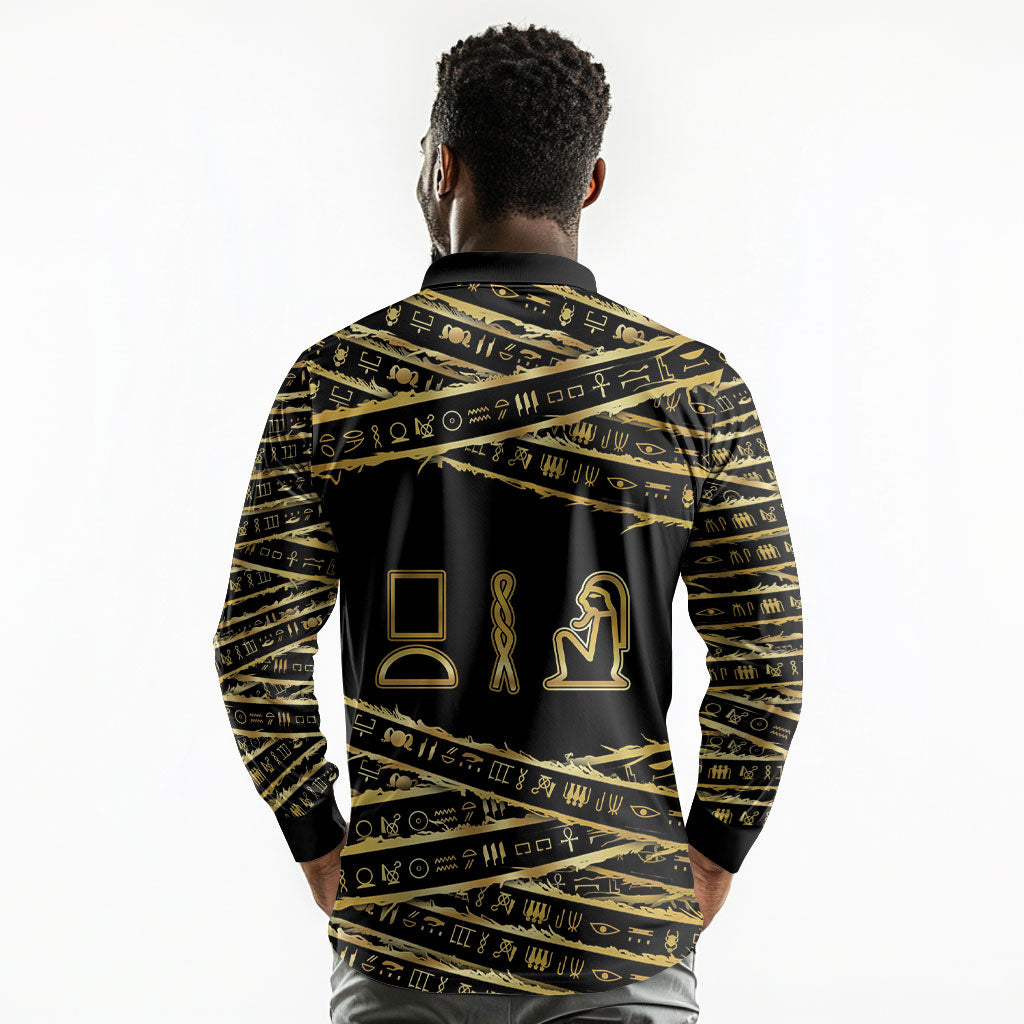Egyptian God Ptah Long Sleeve Polo Shirt Gold Mummy Wrap Hieroglyphics Patterns