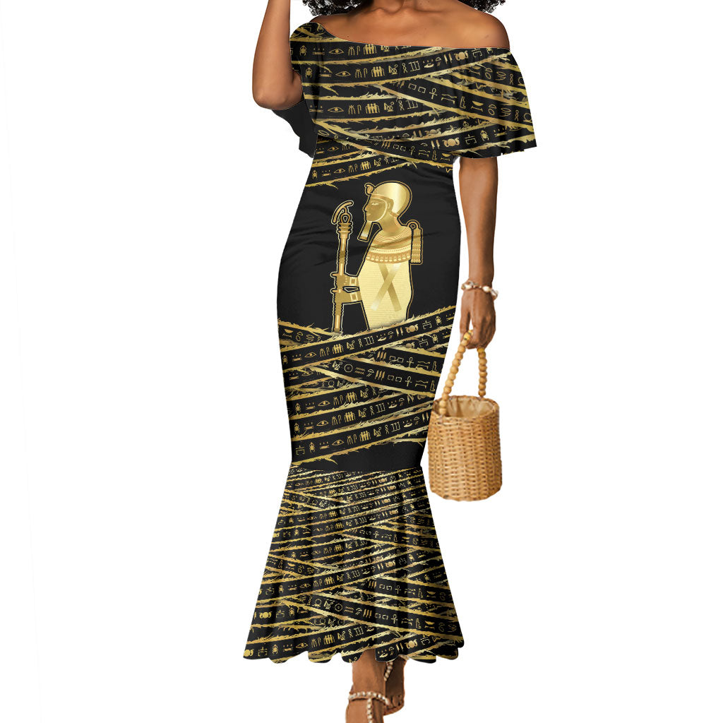 Egyptian God Ptah Mermaid Dress Gold Mummy Wrap Hieroglyphics Patterns