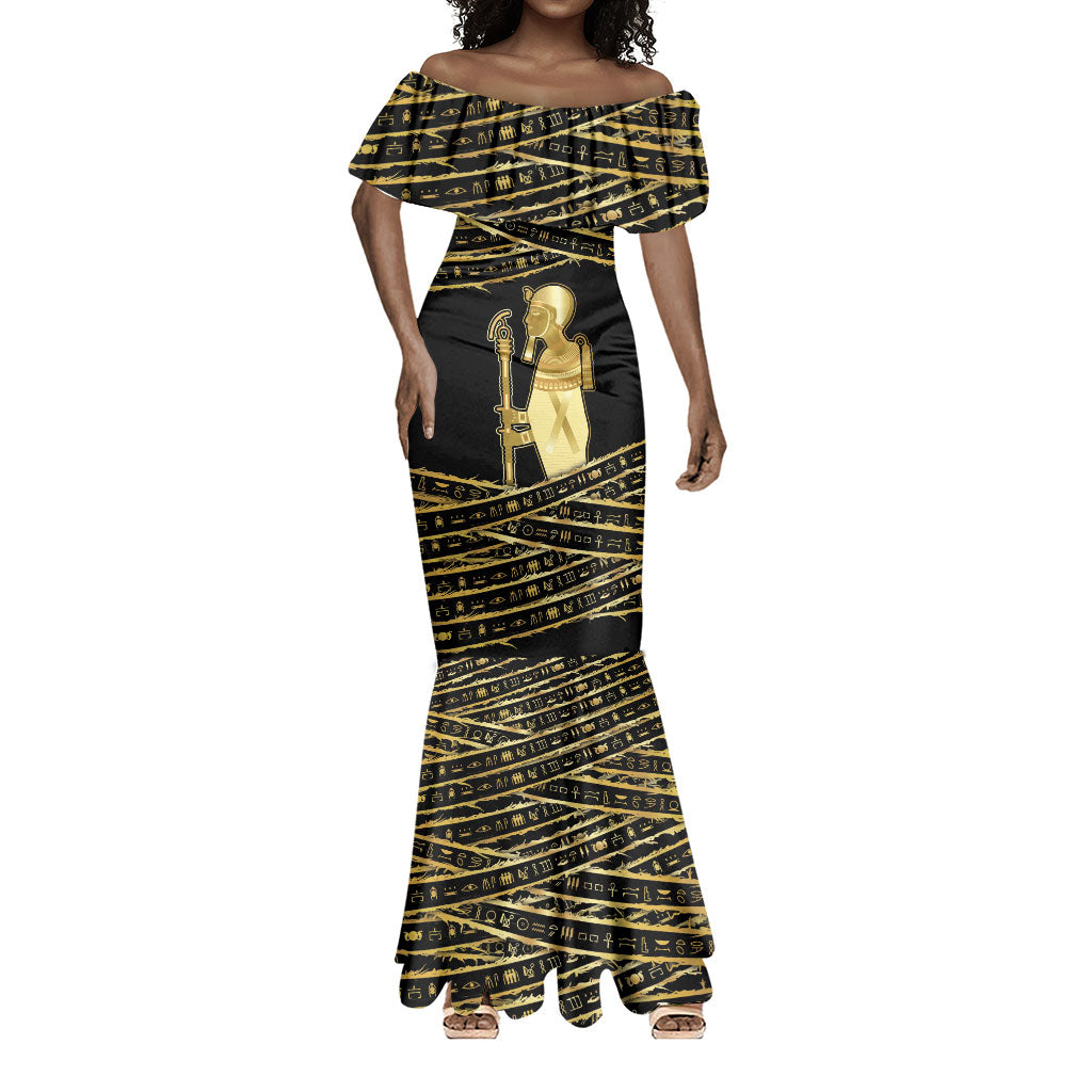 Egyptian God Ptah Mermaid Dress Gold Mummy Wrap Hieroglyphics Patterns