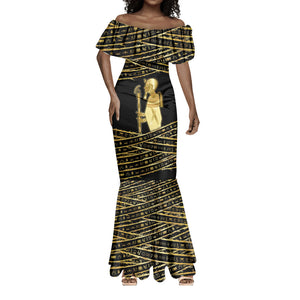 Egyptian God Ptah Mermaid Dress Gold Mummy Wrap Hieroglyphics Patterns