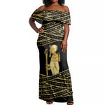 Egyptian God Ptah Off Shoulder Maxi Dress Gold Mummy Wrap Hieroglyphics Patterns