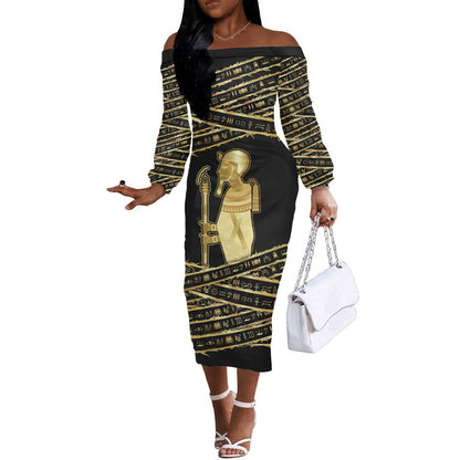 Egyptian God Ptah Off The Shoulder Long Sleeve Dress Gold Mummy Wrap Hieroglyphics Patterns