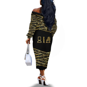 Egyptian God Ptah Off The Shoulder Long Sleeve Dress Gold Mummy Wrap Hieroglyphics Patterns