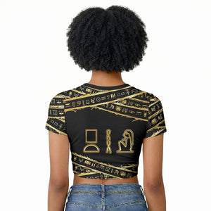 Egyptian God Ptah Raglan Cropped T shirt Gold Mummy Wrap Hieroglyphics Patterns
