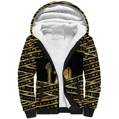 Egyptian God Ptah Sherpa Hoodie Gold Mummy Wrap Hieroglyphics Patterns