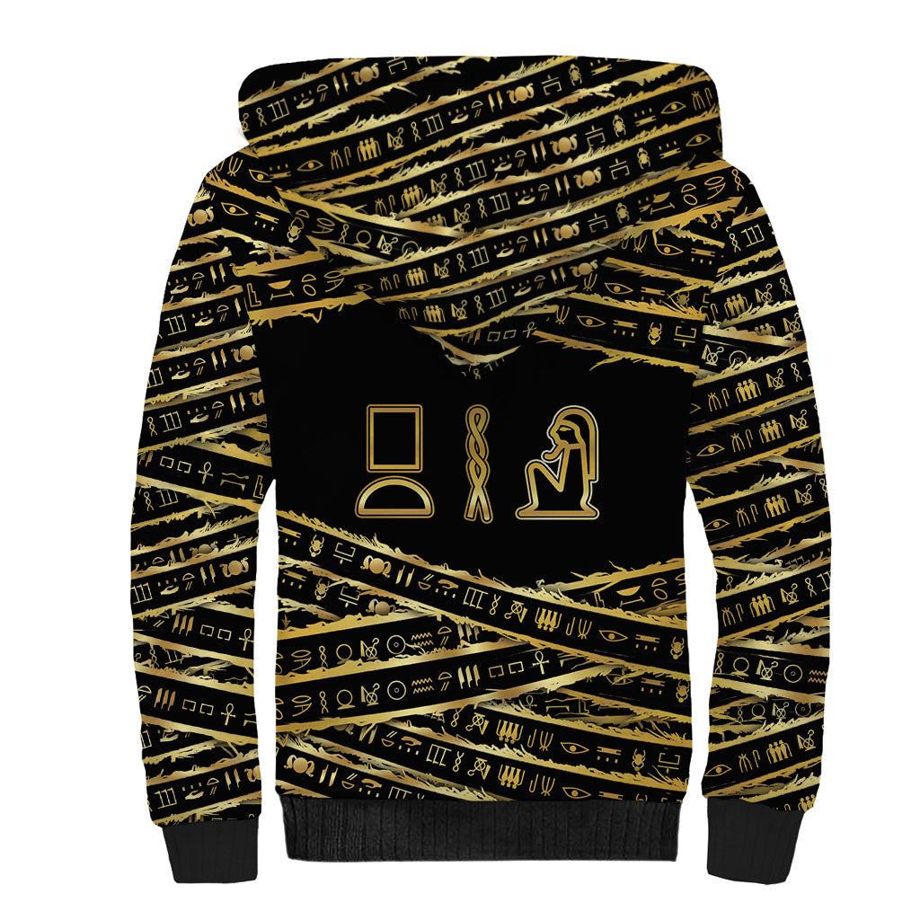 Egyptian God Ptah Sherpa Hoodie Gold Mummy Wrap Hieroglyphics Patterns