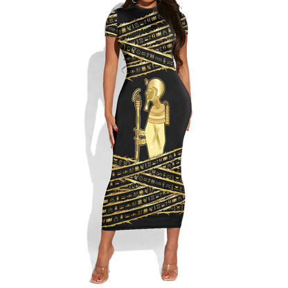 Egyptian God Ptah Short Sleeve Bodycon Dress Gold Mummy Wrap Hieroglyphics Patterns