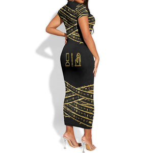 Egyptian God Ptah Short Sleeve Bodycon Dress Gold Mummy Wrap Hieroglyphics Patterns