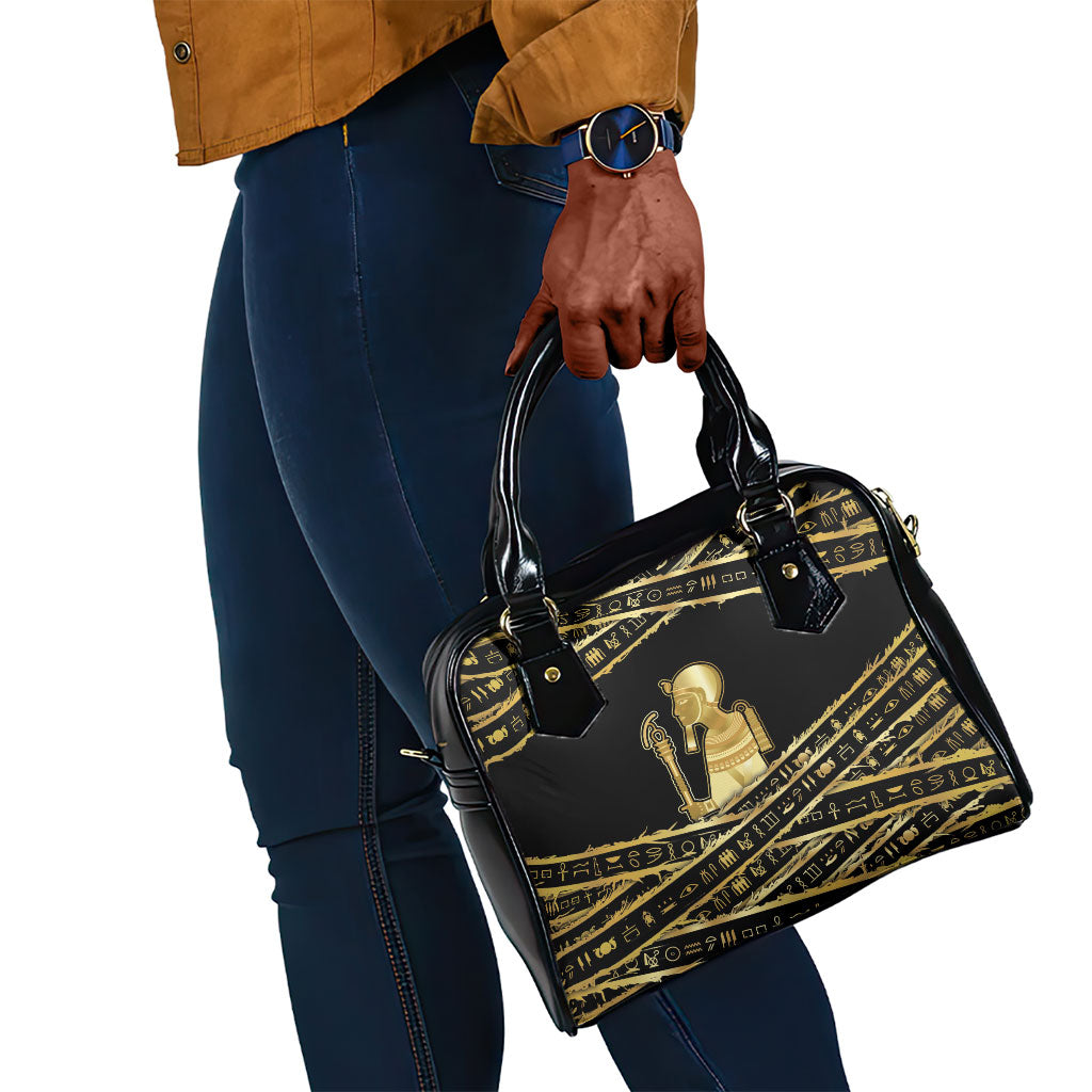 Egyptian God Ptah Shoulder Handbag Gold Mummy Wrap Hieroglyphics Patterns