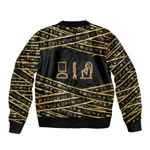 Egyptian God Ptah Sleeve Zip Bomber Jacket Gold Mummy Wrap Hieroglyphics Patterns