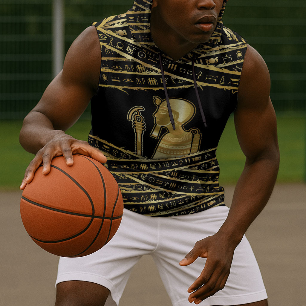 Egyptian God Ptah Sleeveless Hoodie Gold Mummy Wrap Hieroglyphics Patterns