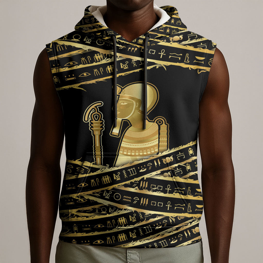Egyptian God Ptah Sleeveless Hoodie Gold Mummy Wrap Hieroglyphics Patterns