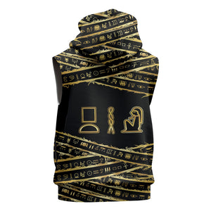 Egyptian God Ptah Sleeveless Zip Hoodie Gold Mummy Wrap Hieroglyphics Patterns