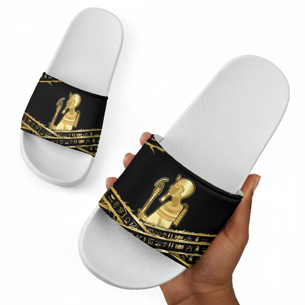 Egyptian God Ptah Slide Sandals Gold Mummy Wrap Hieroglyphics Patterns