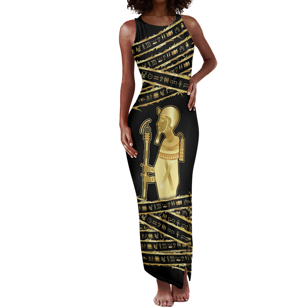 Egyptian God Ptah Tank Maxi Dress Gold Mummy Wrap Hieroglyphics Patterns