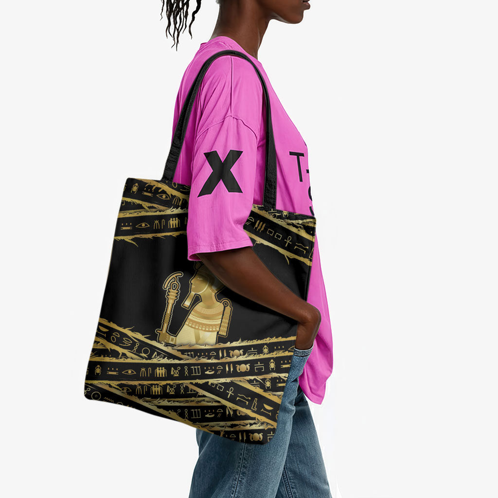 Egyptian God Ptah Tote Bag Gold Mummy Wrap Hieroglyphics Patterns