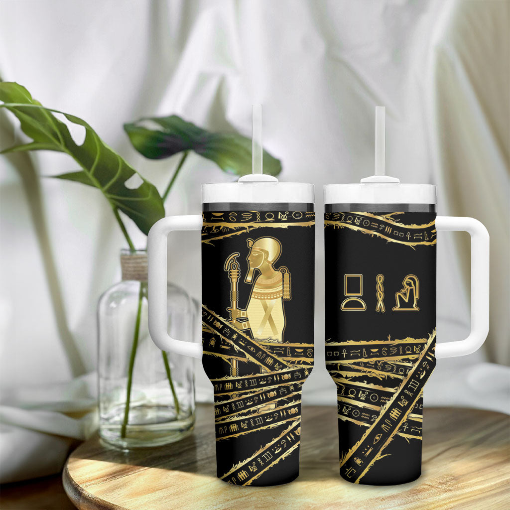 Egyptian God Ptah Tumbler With Handle Gold Mummy Wrap Hieroglyphics Patterns