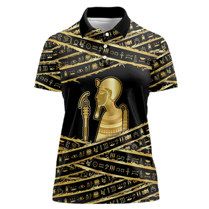 Egyptian God Ptah Women Polo Shirt Gold Mummy Wrap Hieroglyphics Patterns