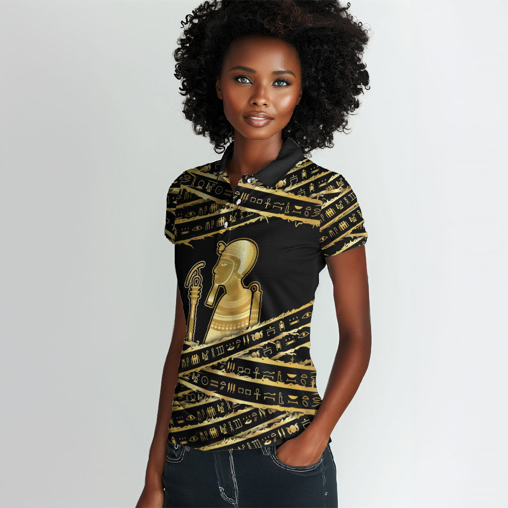 Egyptian God Ptah Women Polo Shirt Gold Mummy Wrap Hieroglyphics Patterns