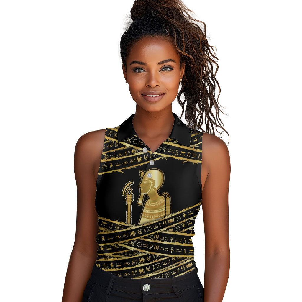 Egyptian God Ptah Women Sleeveless Polo Shirt Gold Mummy Wrap Hieroglyphics Patterns