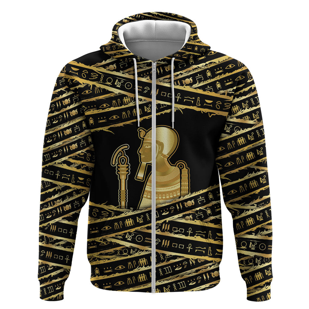 Egyptian God Ptah Zip Hoodie Gold Mummy Wrap Hieroglyphics Patterns