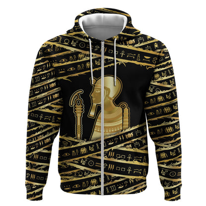 Egyptian God Ptah Zip Hoodie Gold Mummy Wrap Hieroglyphics Patterns