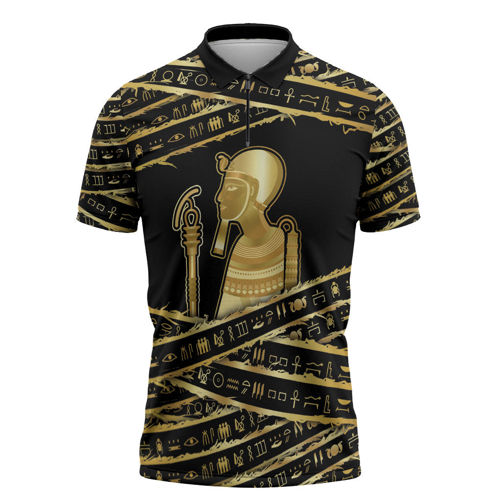 Egyptian God Ptah Zipper Polo Shirt Gold Mummy Wrap Hieroglyphics Patterns