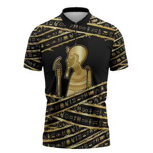 Egyptian God Ptah Zipper Polo Shirt Gold Mummy Wrap Hieroglyphics Patterns