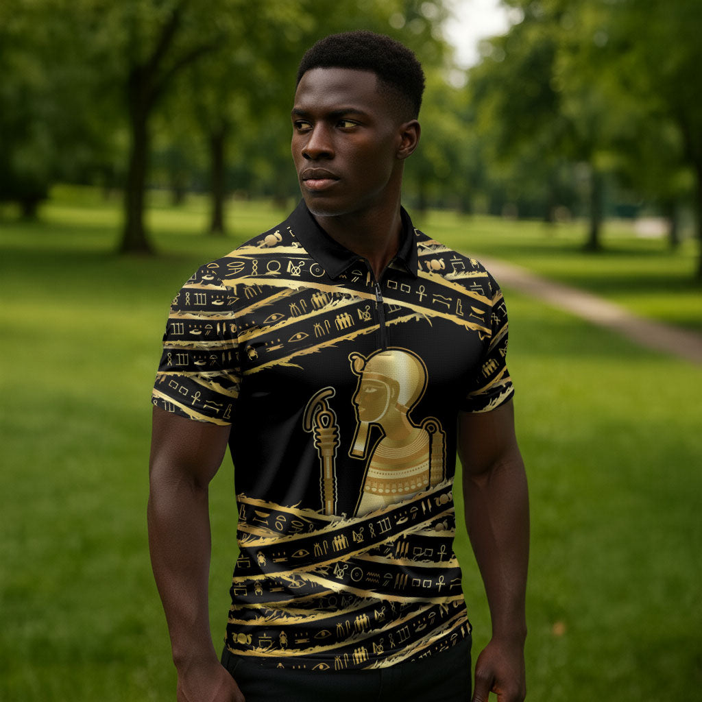 Egyptian God Ptah Zipper Polo Shirt Gold Mummy Wrap Hieroglyphics Patterns