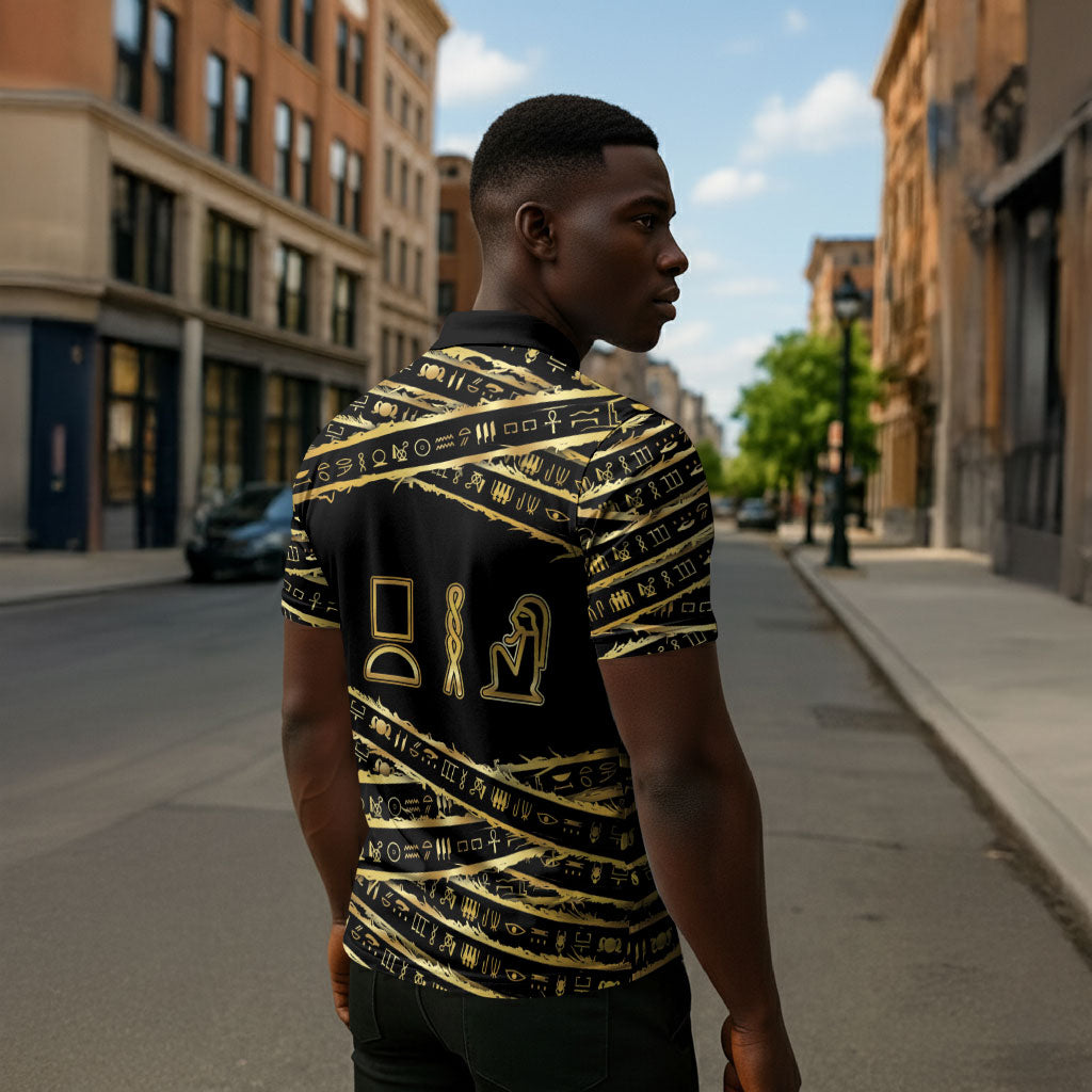 Egyptian God Ptah Zipper Polo Shirt Gold Mummy Wrap Hieroglyphics Patterns