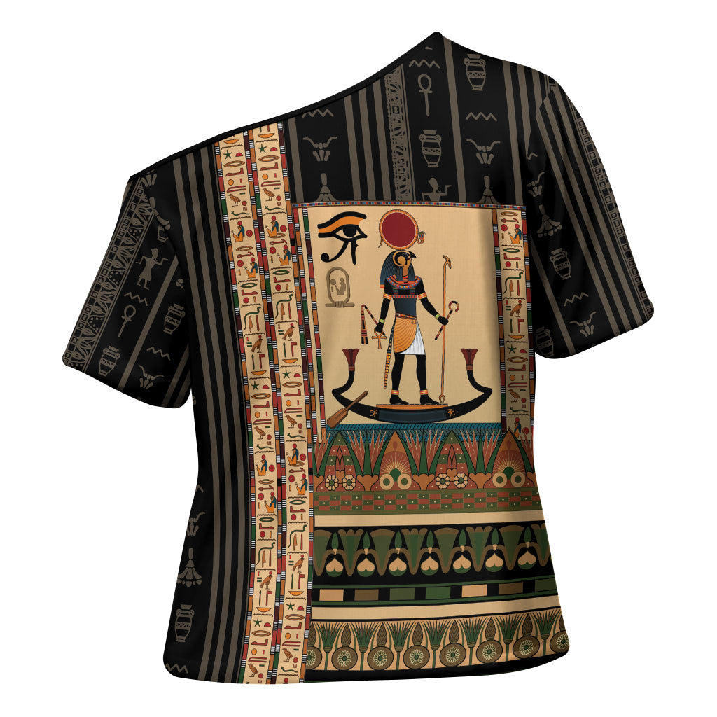 Egyptian God Ra Cross Shoulder Shirt Ancient Mythology Solar Barque Falcon
