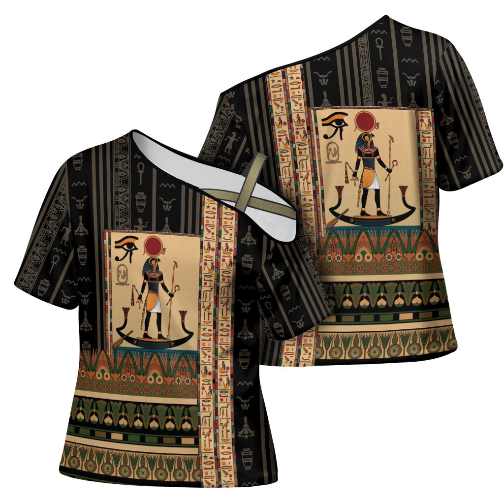 Egyptian God Ra Cross Shoulder Shirt Ancient Mythology Solar Barque Falcon