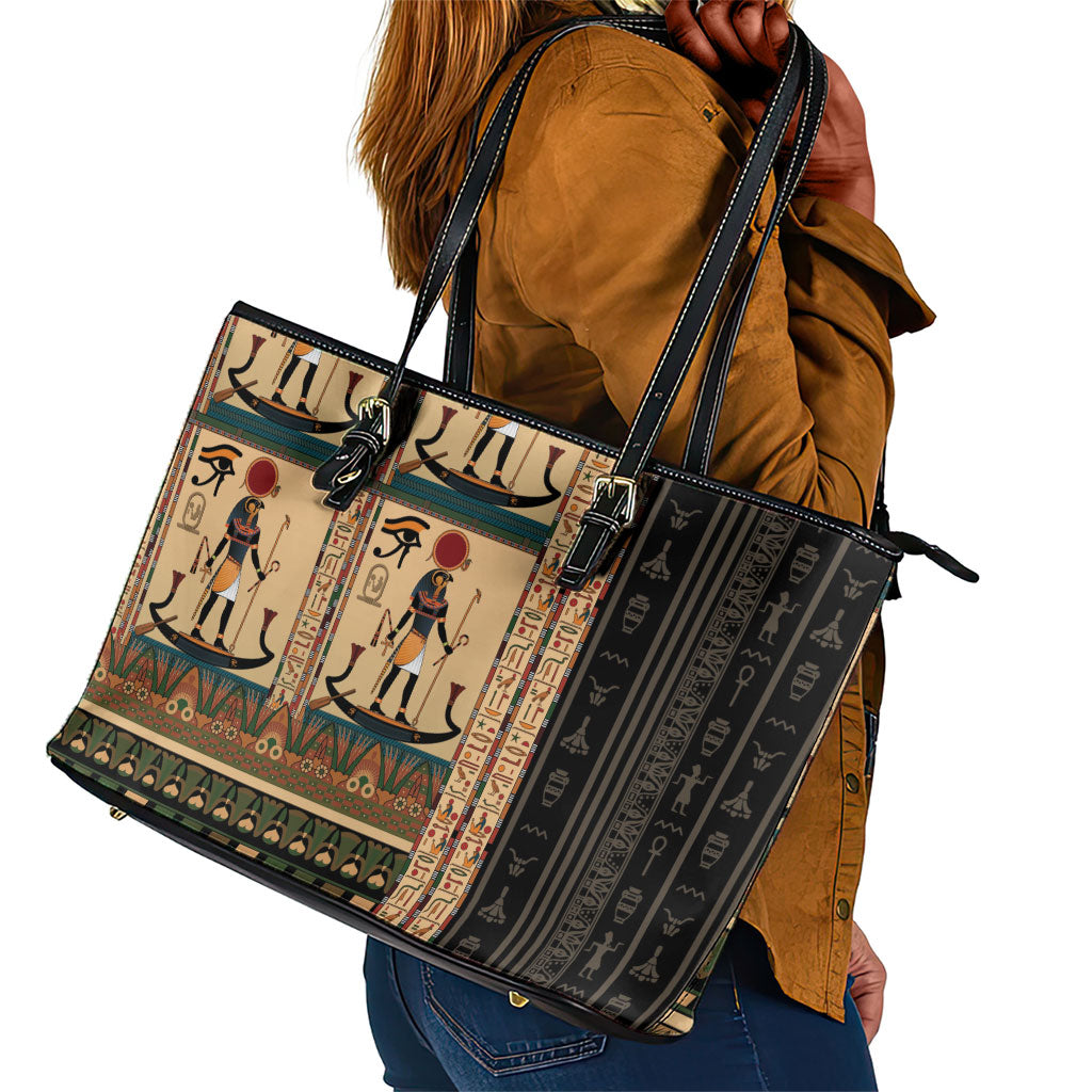 Egyptian God Ra Leather Tote Bag Ancient Mythology Solar Barque Falcon