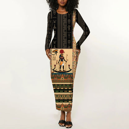 Egyptian God Ra Long Sleeve Bodycon Dress Ancient Mythology Solar Barque Falcon