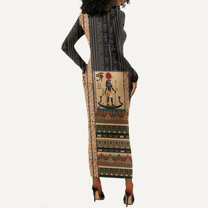 Egyptian God Ra Long Sleeve Bodycon Dress Ancient Mythology Solar Barque Falcon