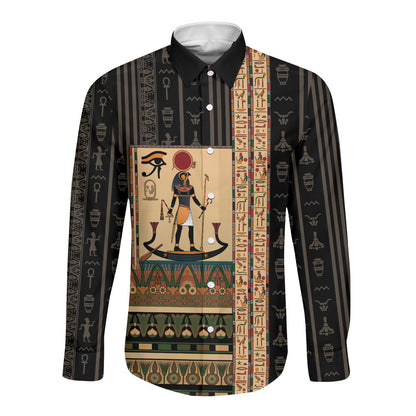 Egyptian God Ra Long Sleeve Button Shirt Ancient Mythology Solar Barque Falcon