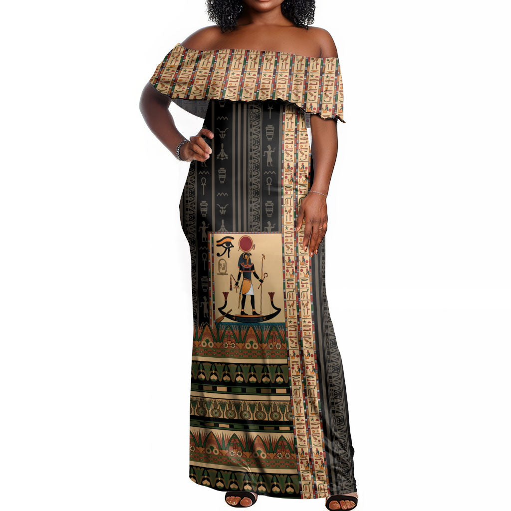 Egyptian God Ra Off Shoulder Maxi Dress Ancient Mythology Solar Barque Falcon