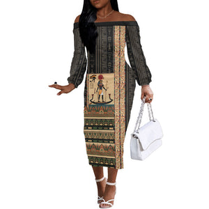 Egyptian God Ra Off The Shoulder Long Sleeve Dress Ancient Mythology Solar Barque Falcon