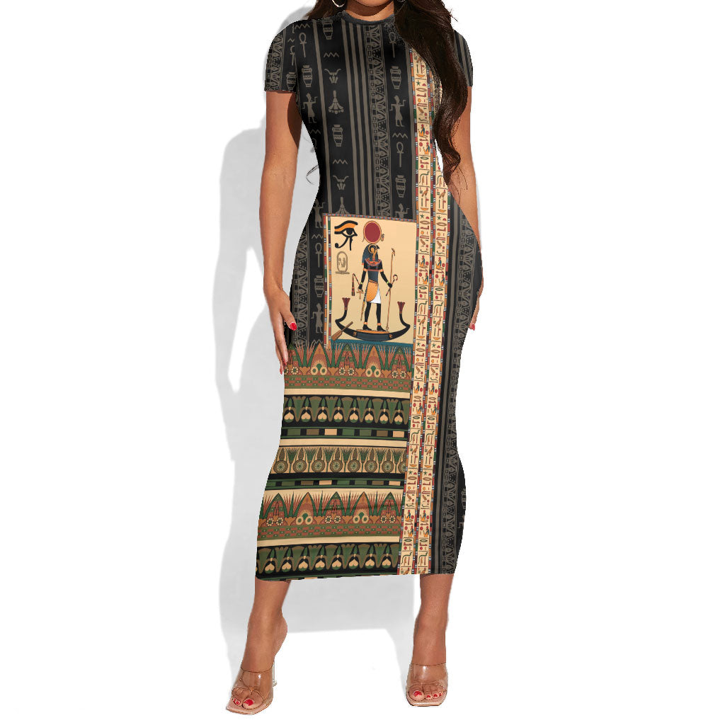 Egyptian God Ra Short Sleeve Bodycon Dress Ancient Mythology Solar Barque Falcon