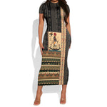 Egyptian God Ra Short Sleeve Bodycon Dress Ancient Mythology Solar Barque Falcon