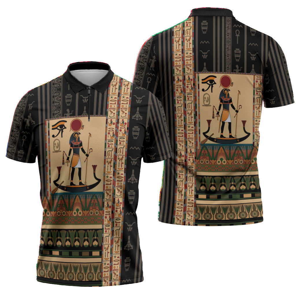Egyptian God Ra Zipper Polo Shirt Ancient Mythology Solar Barque Falcon