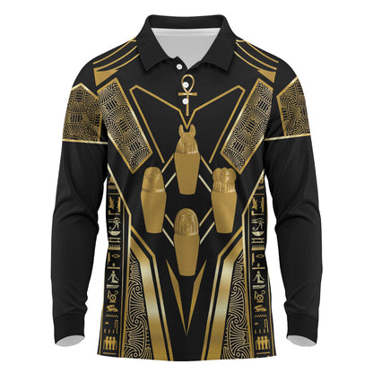 Egypt Canopic Jars Long Sleeve Polo Shirt Ancient Mythology Four Sons of Horus